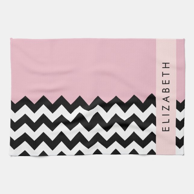 Black and White Zigzag, Chevron, Pink, Your Name Kitchen Towel (Horizontal)