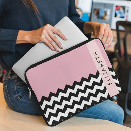 Black and White Zigzag, Chevron, Pink, Your Name Laptop Sleeve