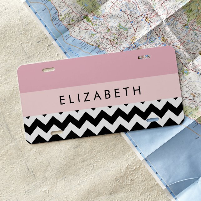 Black and White Zigzag, Chevron, Pink, Your Name License Plate (In Situ)