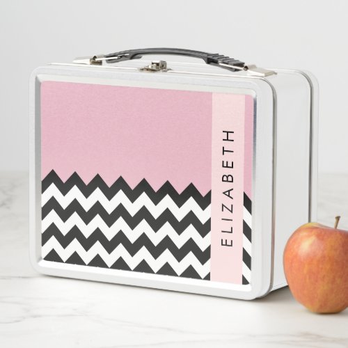 Black and White Zigzag Chevron Pink Your Name Metal Lunch Box