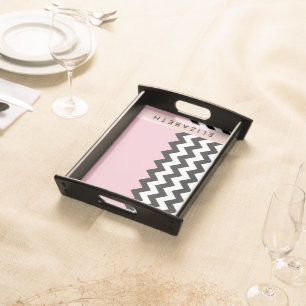 Black and White Zigzag, Chevron, Pink, Your Name Serving Tray