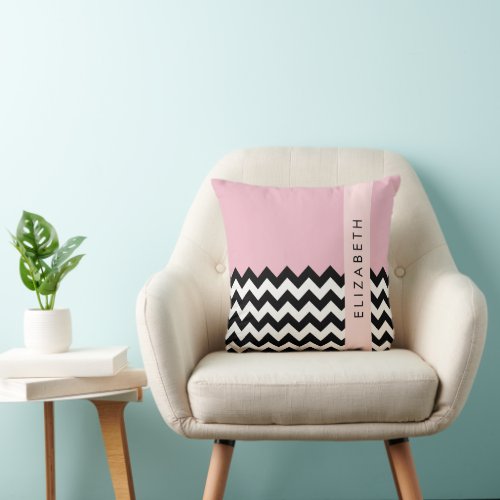 Black and White Zigzag Chevron Pink Your Name Throw Pillow