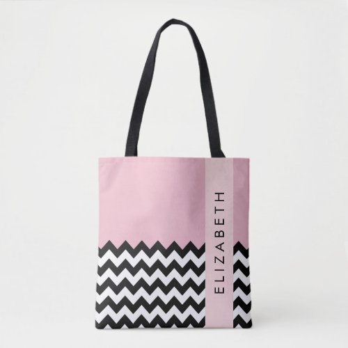 Black and White Zigzag Chevron Pink Your Name Tote Bag