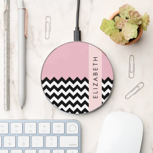Black and White Zigzag Chevron Pink Your Name Wireless Charger