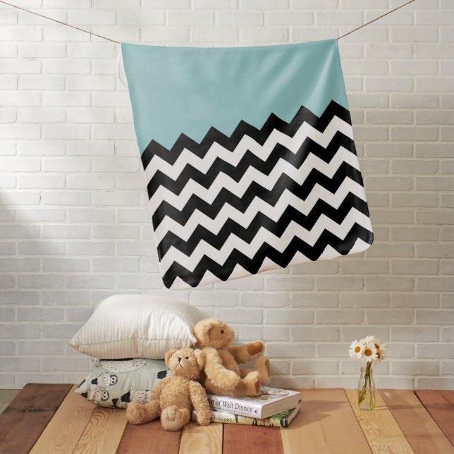 Black and White Zigzag Pattern, Chevron, Blue Baby Blanket (In Situ)