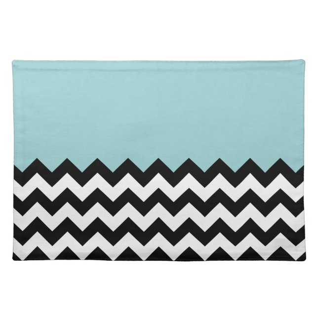 Black and White Zigzag Pattern, Chevron, Blue Cloth Placemat (Front)