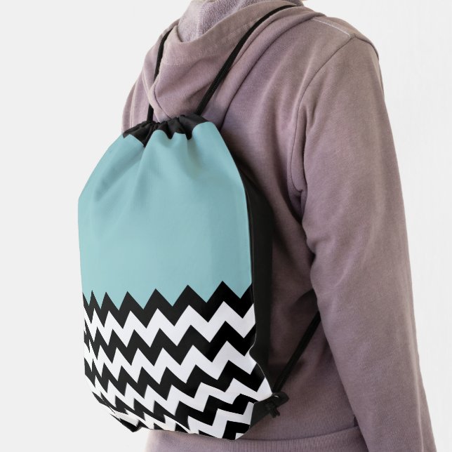 Black and White Zigzag Pattern, Chevron, Blue Drawstring Bag (Insitu)