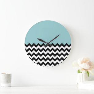 Black and White Zigzag Pattern, Chevron, Blue Large Clock