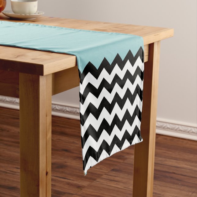 Black and White Zigzag Pattern, Chevron, Blue Medium Table Runner (In Situ)