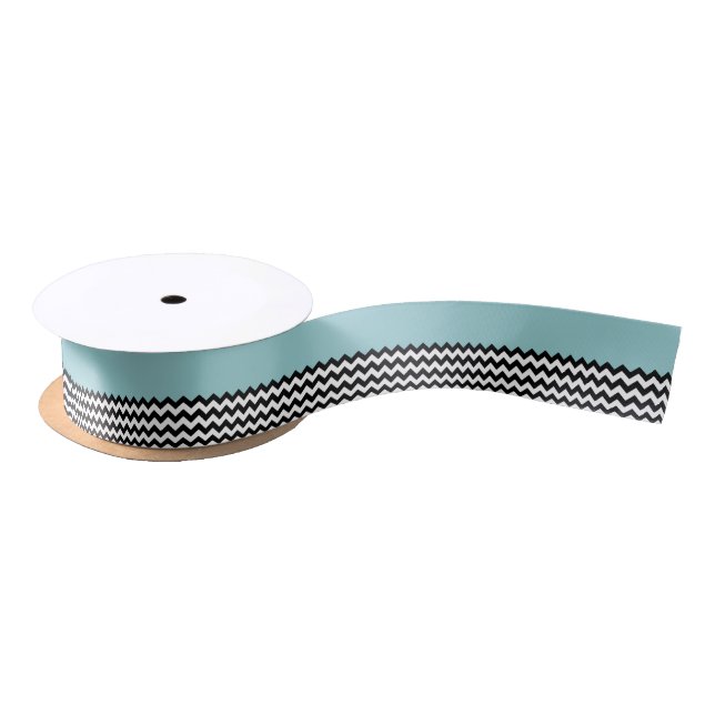 Black and White Zigzag Pattern, Chevron, Blue Satin Ribbon (Spool)
