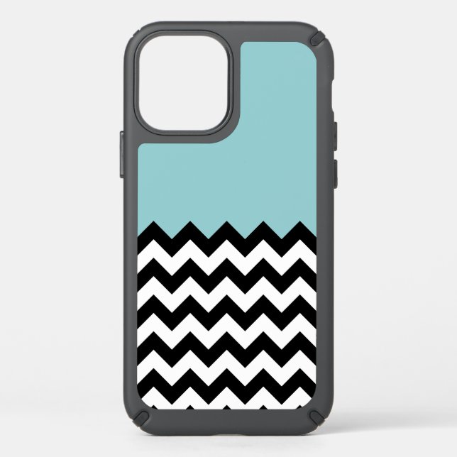 Black and White Zigzag Pattern, Chevron, Blue Speck iPhone 12 Case (Front)