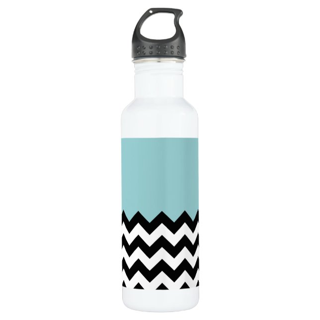 Black and White Zigzag Pattern, Chevron, Blue Stainless Steel Water Bottle (Front)