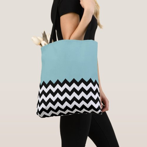 Black and White Zigzag Pattern Chevron Blue Tote Bag