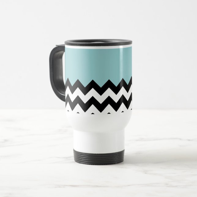Black and White Zigzag Pattern, Chevron, Blue Travel Mug (Front Left)