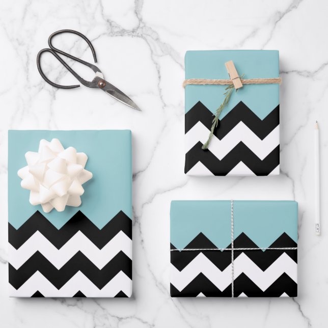 Black and White Zigzag Pattern, Chevron, Blue Wrapping Paper Sheets (Front)