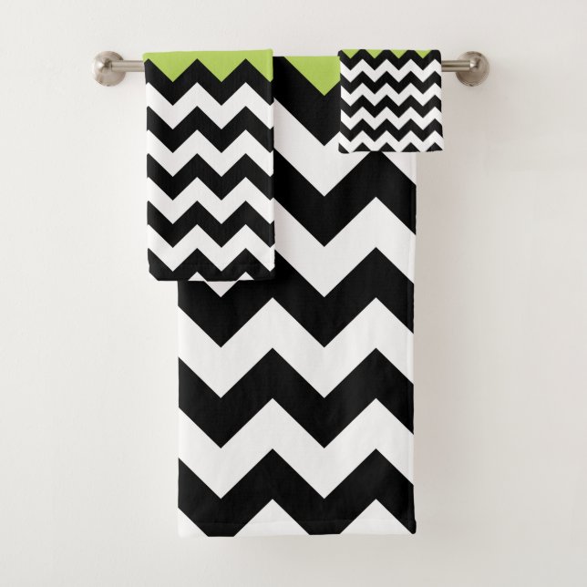 Black and White Zigzag Pattern, Chevron, Green Bath Towel Set (Insitu)