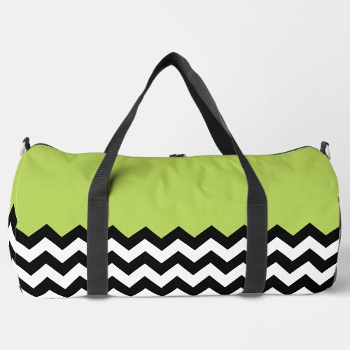 Black and White Zigzag Pattern Chevron Green Duffle Bag