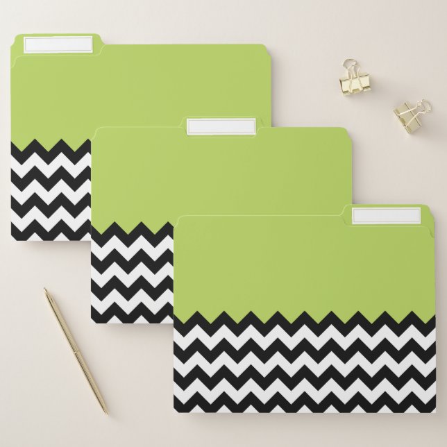 Black and White Zigzag Pattern, Chevron, Green File Folder (Set)