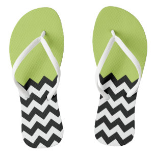 Black and White Zigzag Pattern, Chevron, Green Flip Flops