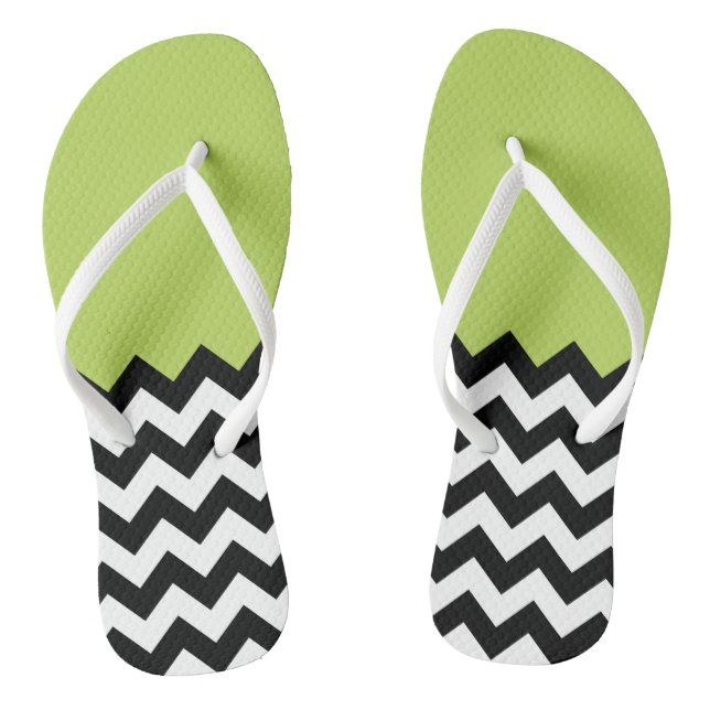 Black and White Zigzag Pattern, Chevron, Green Flip Flops (Footbed)