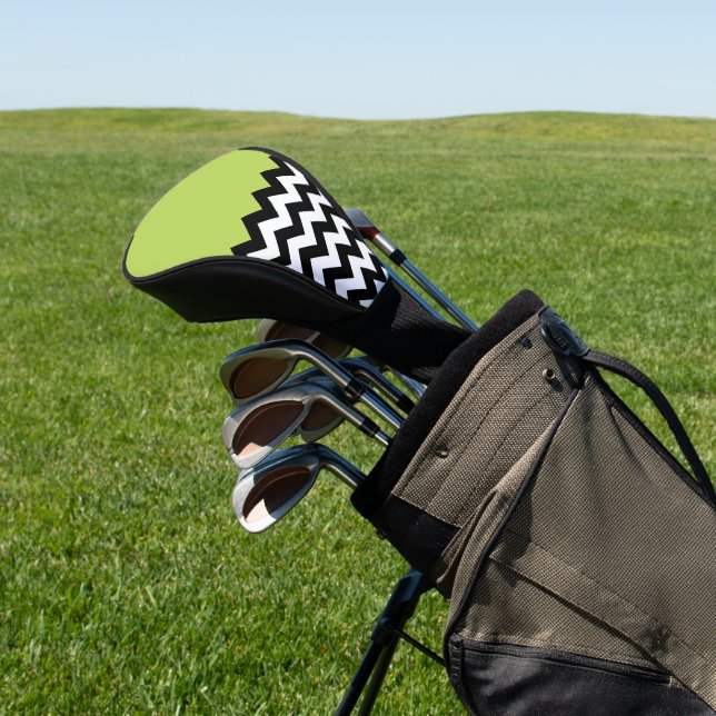 Black and White Zigzag Pattern, Chevron, Green Golf Head Cover (In Situ)