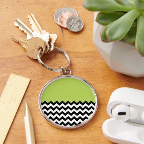 Black and White Zigzag Pattern Chevron Green Keychain