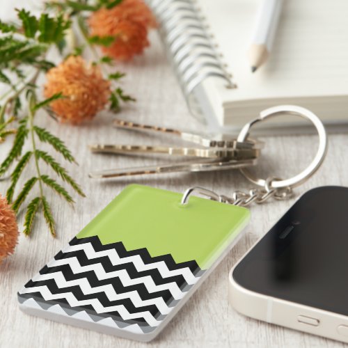 Black and White Zigzag Pattern Chevron Green Keychain