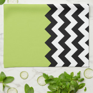 Black and White Zigzag Pattern, Chevron, Green Kitchen Towel