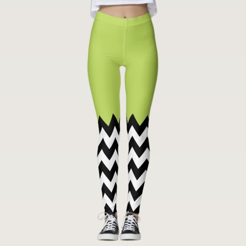 Black and White Zigzag Pattern Chevron Green Leggings