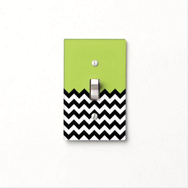 Black and White Zigzag Pattern, Chevron, Green Light Switch Cover (In Situ)