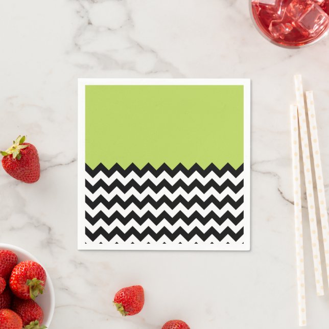 Black and White Zigzag Pattern, Chevron, Green Napkins (Insitu)