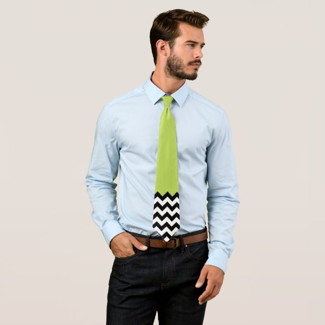 Black and White Zigzag Pattern, Chevron, Green Neck Tie (In Situ)