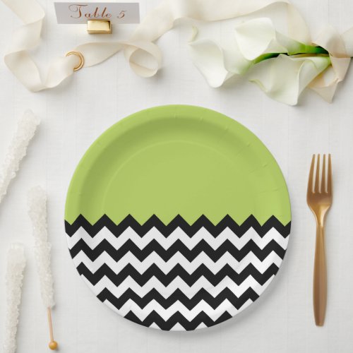 Black and White Zigzag Pattern Chevron Green Paper Plates