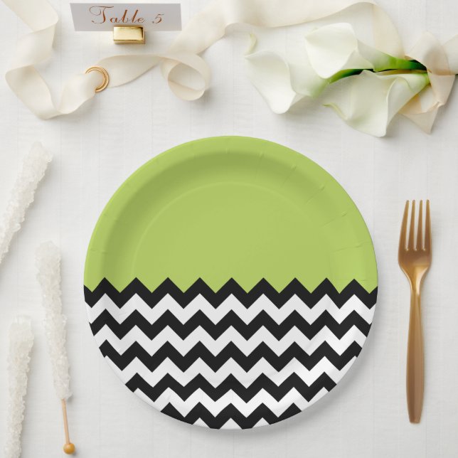 Black and White Zigzag Pattern, Chevron, Green Paper Plates (Wedding)