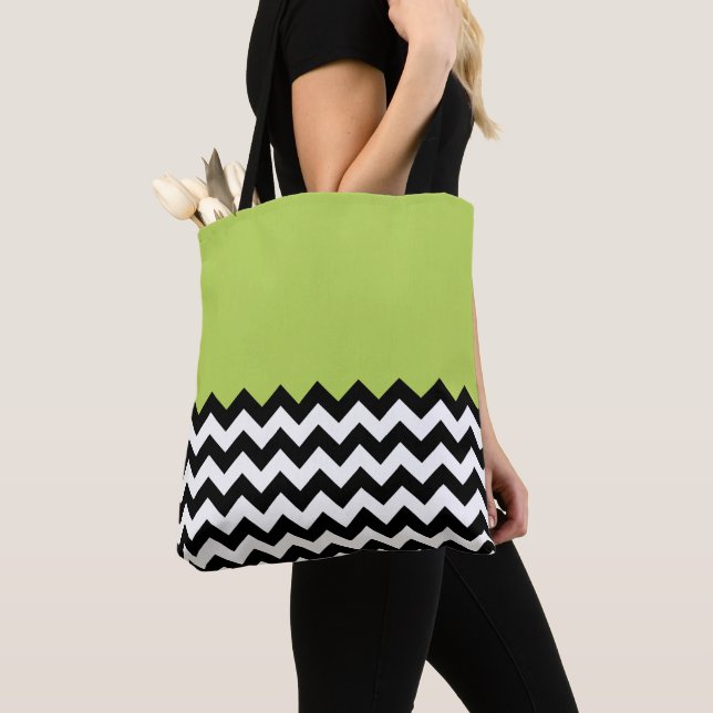 Black and White Zigzag Pattern, Chevron, Green Tote Bag (Close Up)