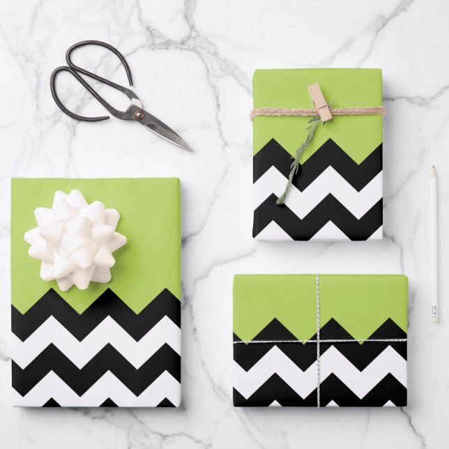 Black and White Zigzag Pattern, Chevron, Green Wrapping Paper Sheets (Front)