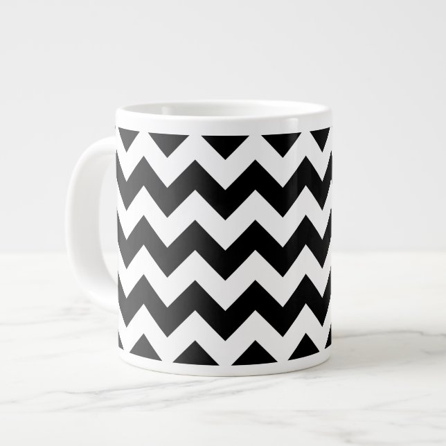 Black and White Zigzag Pattern, Chevron Pattern Giant Coffee Mug (Front Left)