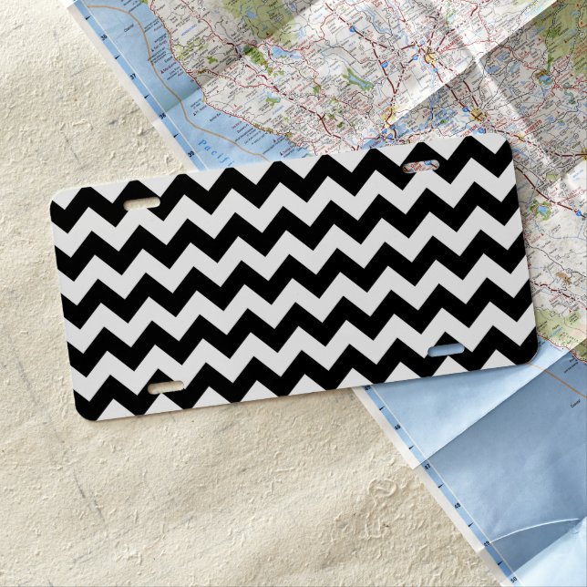Black and White Zigzag Pattern, Chevron Pattern License Plate (In Situ)