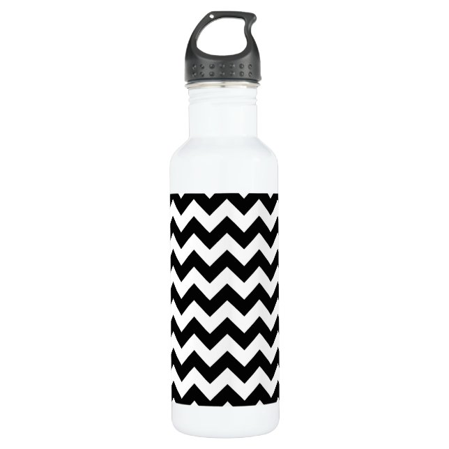 Black and White Zigzag Pattern, Chevron Pattern Stainless Steel Water Bottle (Front)