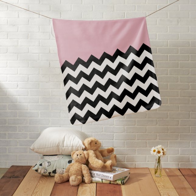 Black and White Zigzag Pattern, Chevron, Pink Baby Blanket (In Situ)