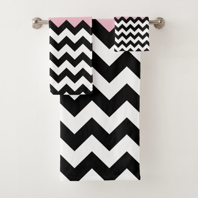 Black and White Zigzag Pattern, Chevron, Pink Bath Towel Set (Insitu)