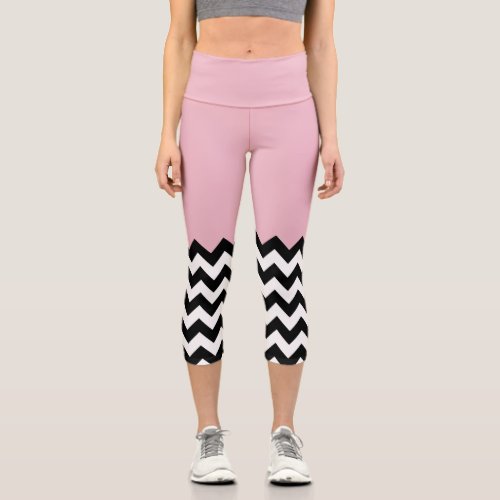 Black and White Zigzag Pattern Chevron Pink Capri Leggings