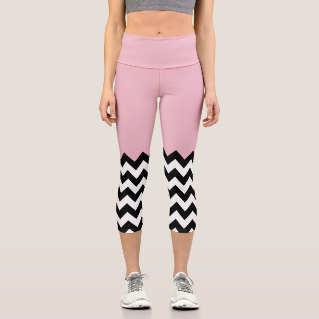 Black and White Zigzag Pattern, Chevron, Pink Capri Leggings (Front)