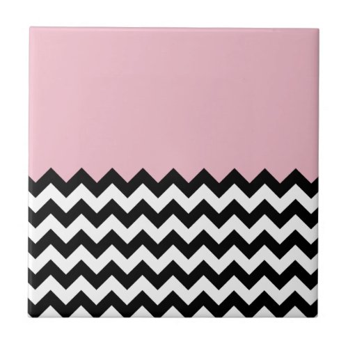 Black and White Zigzag Pattern Chevron Pink Ceramic Tile