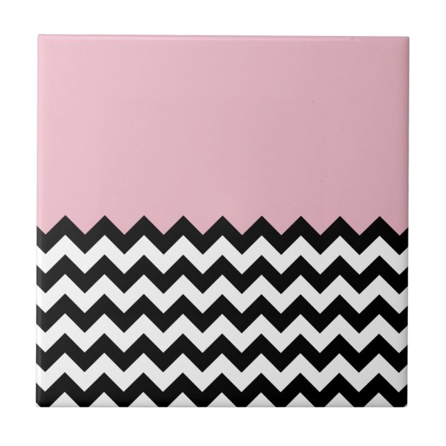 Black and White Zigzag Pattern, Chevron, Pink Ceramic Tile (Front)