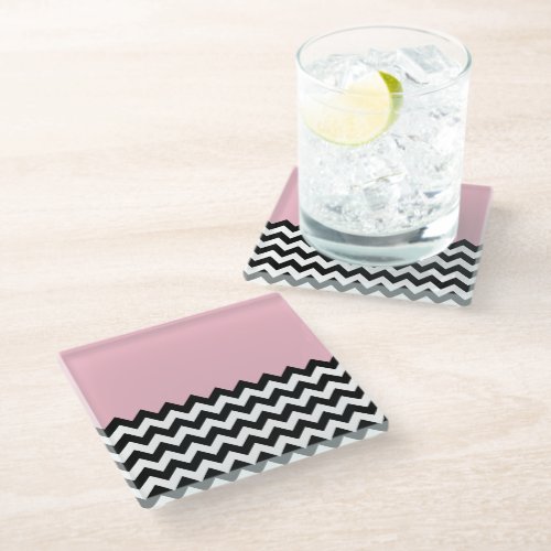 Black and White Zigzag Pattern Chevron Pink Glass Coaster