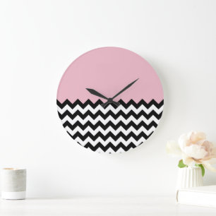 Black and White Zigzag Pattern, Chevron, Pink Large Clock