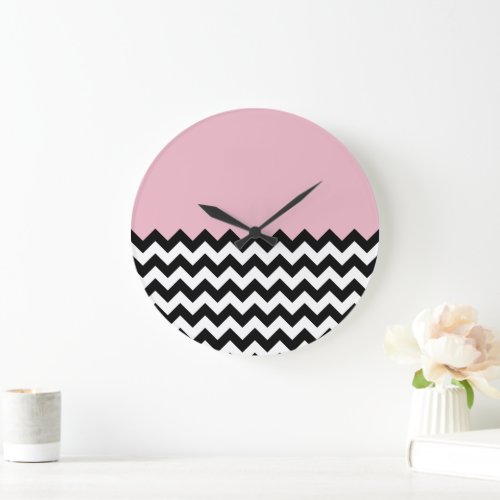 Black and White Zigzag Pattern Chevron Pink Large Clock