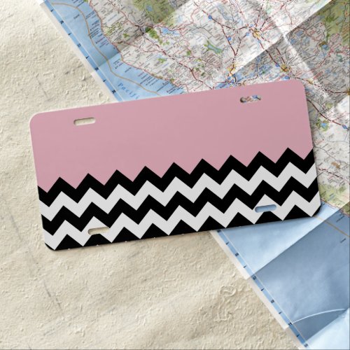 Black and White Zigzag Pattern Chevron Pink License Plate