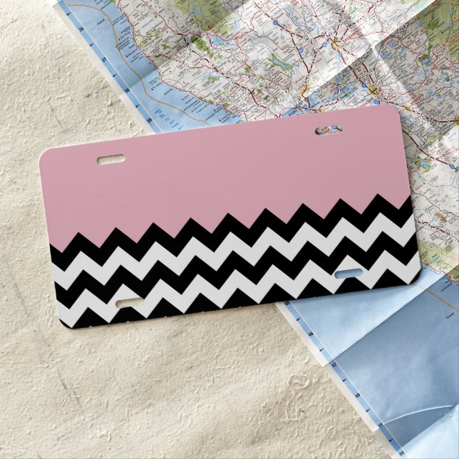 Black and White Zigzag Pattern, Chevron, Pink License Plate (In Situ)